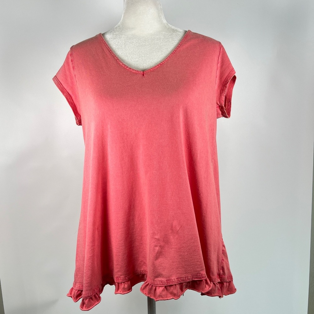 Coral Pink Soft Cotton Ruffle‎ Hem Tie Back T-Shirt Sz Large Feminine Romantic